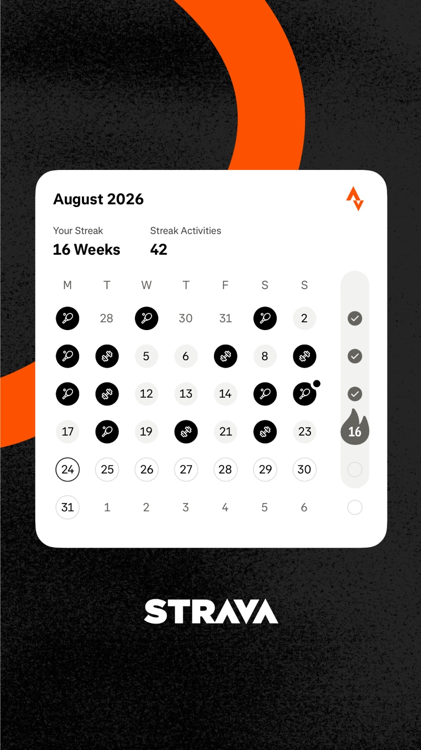 Strava August 2026 activity calendar
